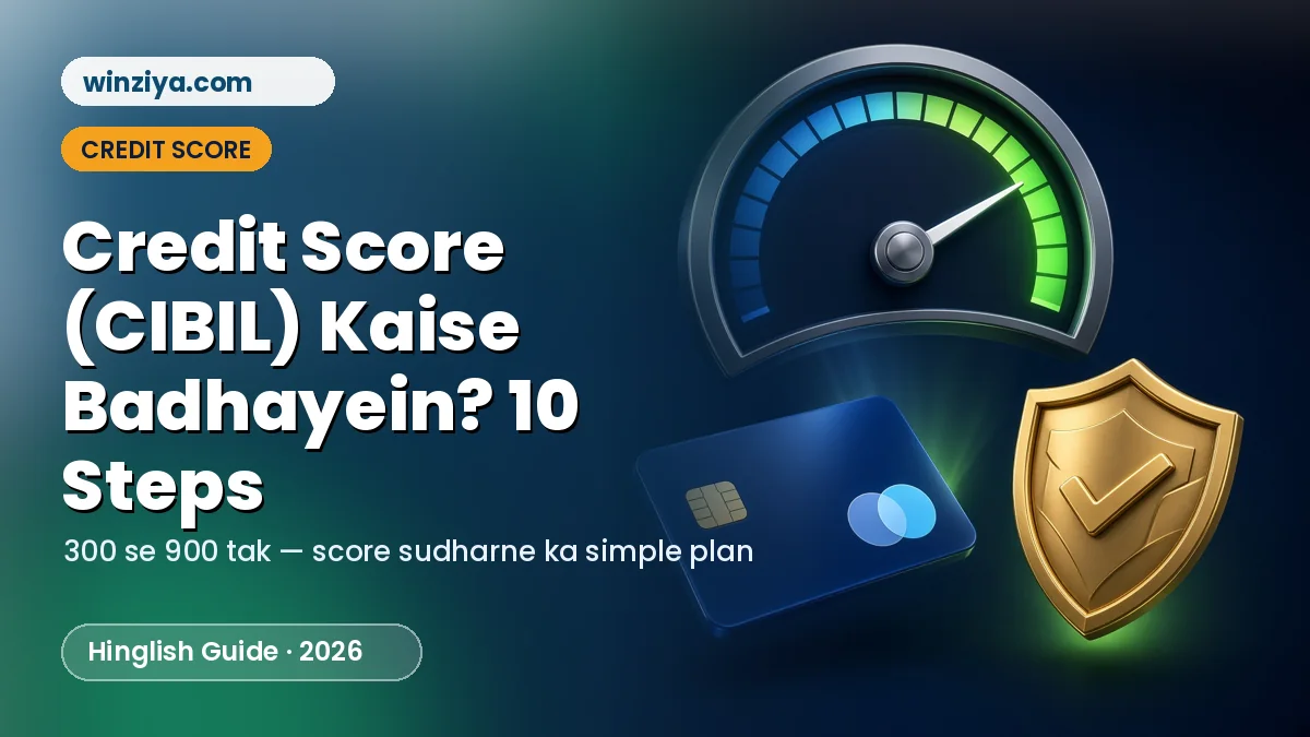 Credit score meter ka needle green zone me, saath me credit card aur golden shield