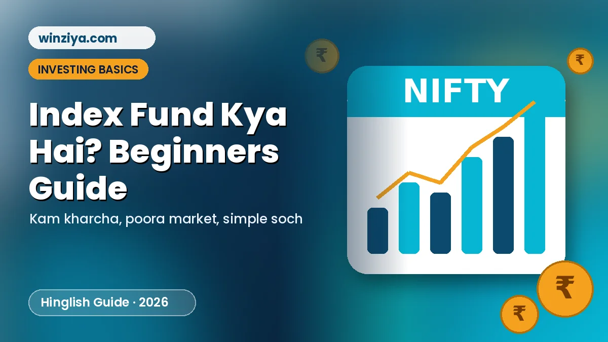 Index fund illustration — teal card par NIFTY likha, badhta bar chart aur rupee coins