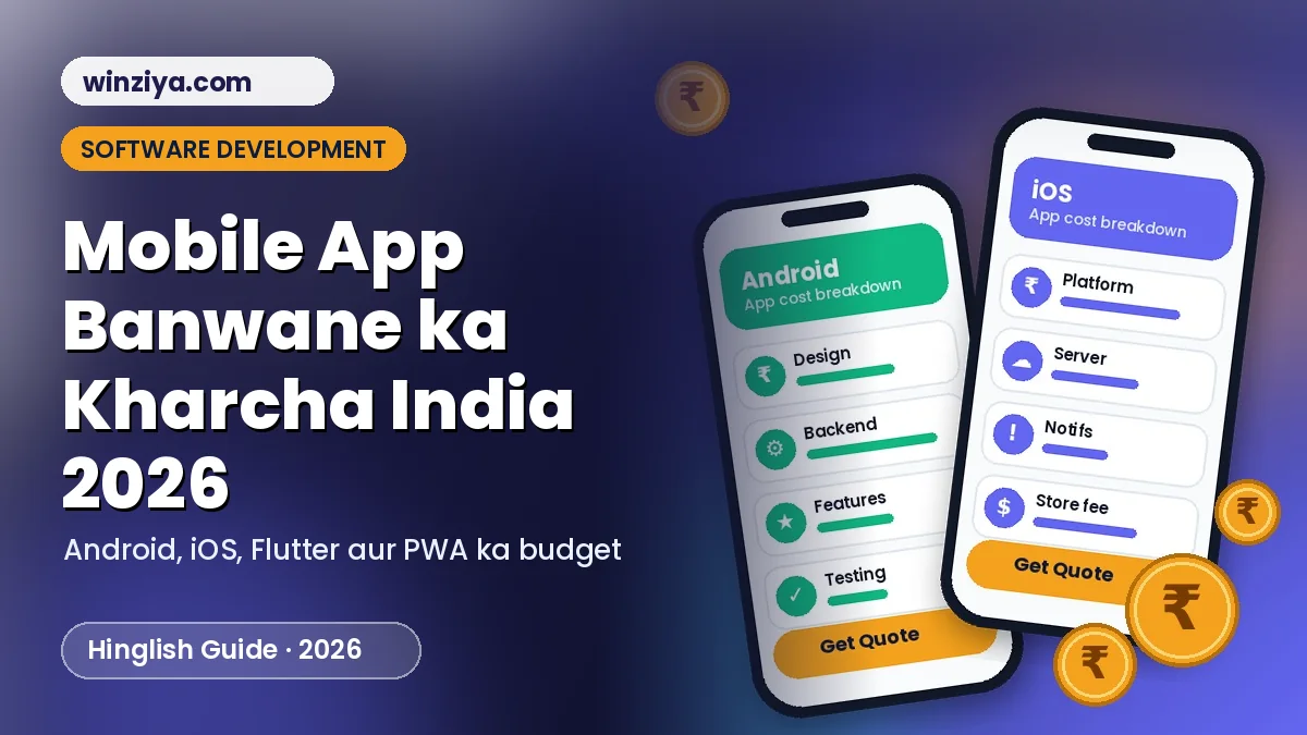 Do smartphone mockups ke saath rupee coins aur app cost breakdown cards — mobile app banwane ka kharcha