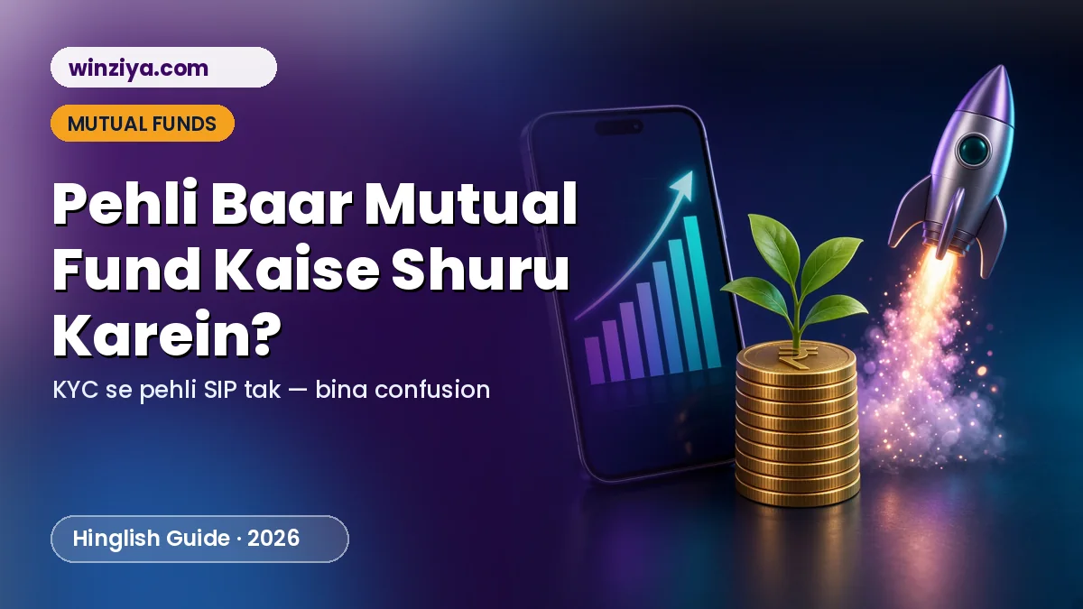 Phone par badhta graph, rupee coins se ugta paudha aur udta rocket