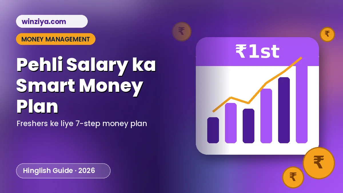 Pehli salary money plan illustration — purple card, badhta bar chart aur rupee coins