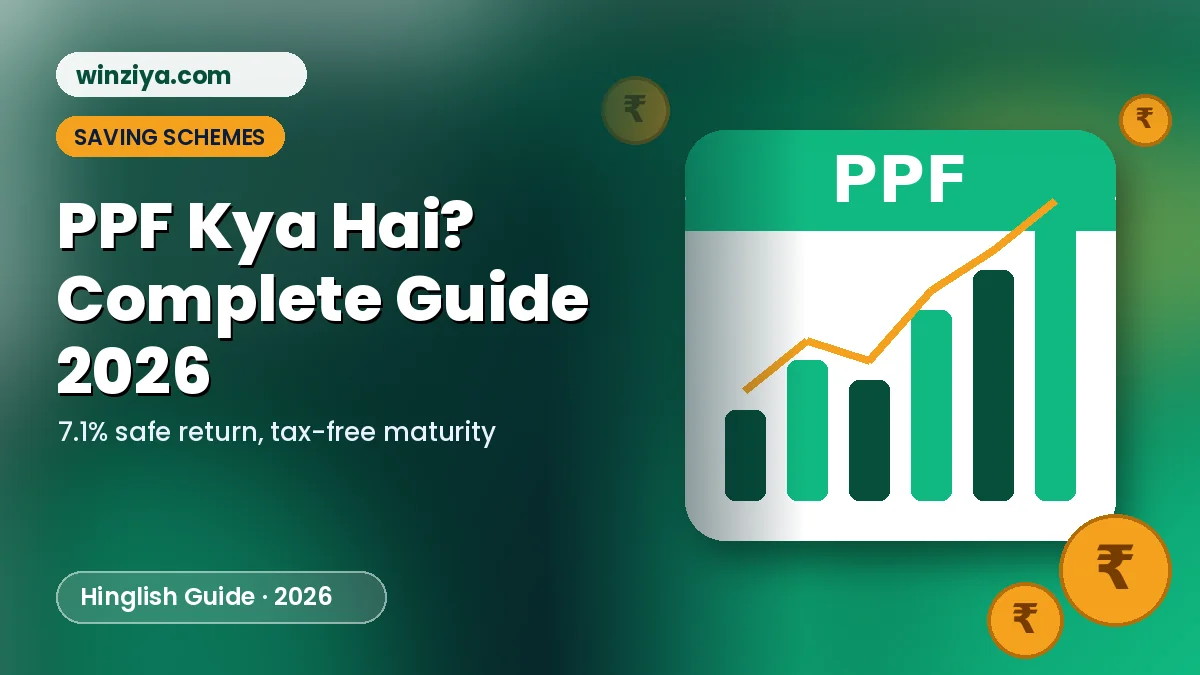 PPF savings illustration — green card par badhte bar chart aur rupee coins, Public Provident Fund guide