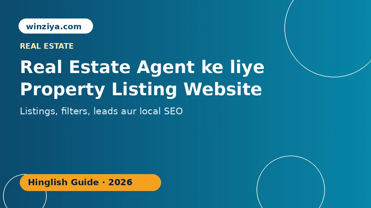 Real estate website ka illustration jisme property cards, filters aur enquiry button dikh rahe hain