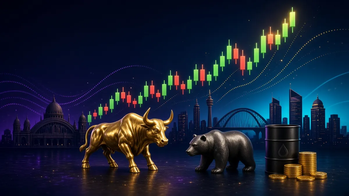 Indian stock market illustration: golden bull aur bear, candlestick chart, Mumbai skyline, oil barrel aur gold coins