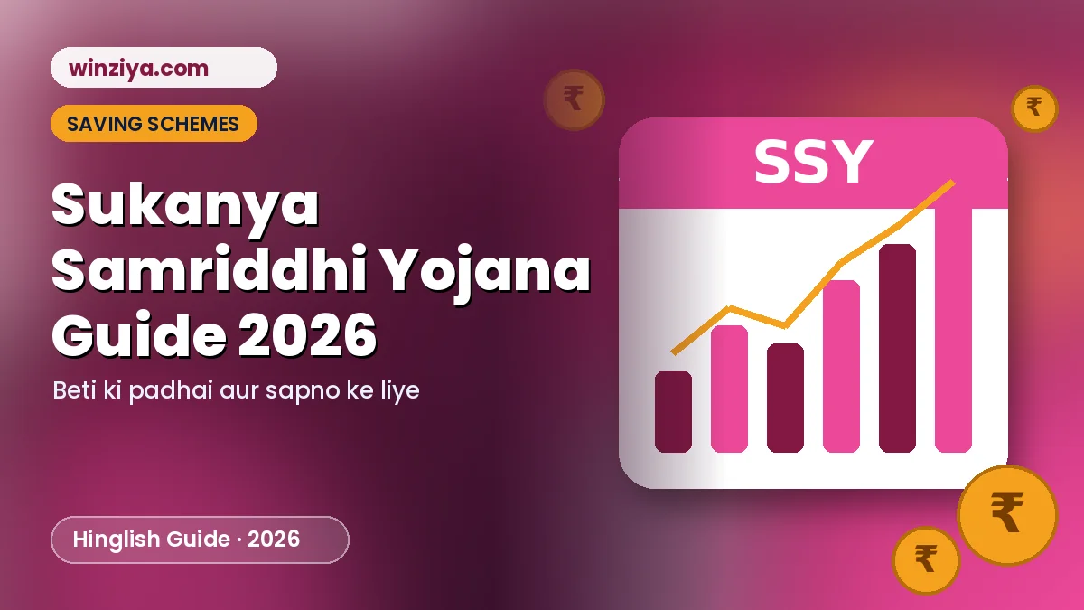 Sukanya Samriddhi Yojana illustration — pink card par SSY, badhta bar chart aur rupee coins